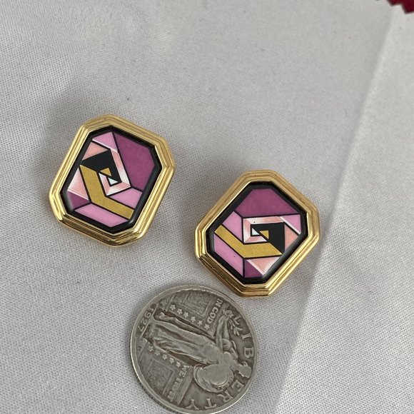Vintage Michaela Frey Willie Earrings Octagon Shape Enameled Geometric Design - Picture 4 of 4
